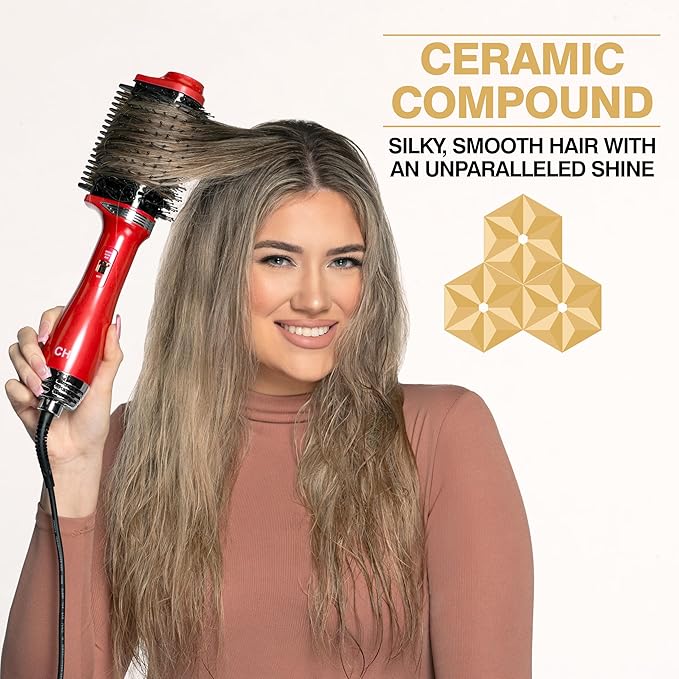 CHI Volume Styler, Blowout Brush for Amplified Volume, Heated Comb to Smoothen & Straighten Hair, 2-in-1 Hair Tool, Red