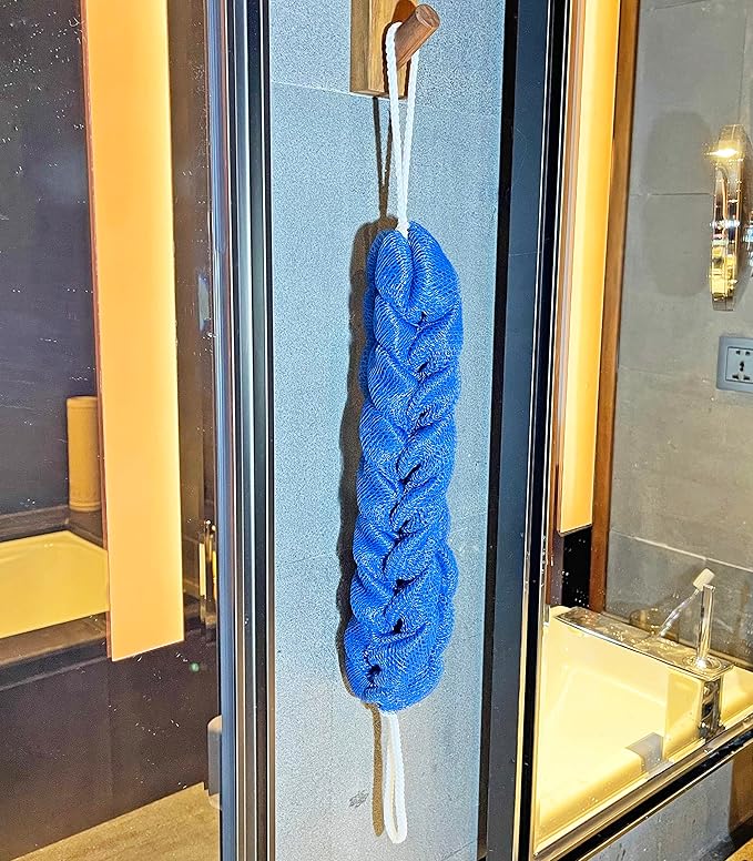 Long Stretch Back Sponge with Rope Handles Back Scrubber Bath Shower Mesh Sponge Exfoliating Body Scrub Stretch Braided Loofah for Men and Women(2-Pack,Blue)
