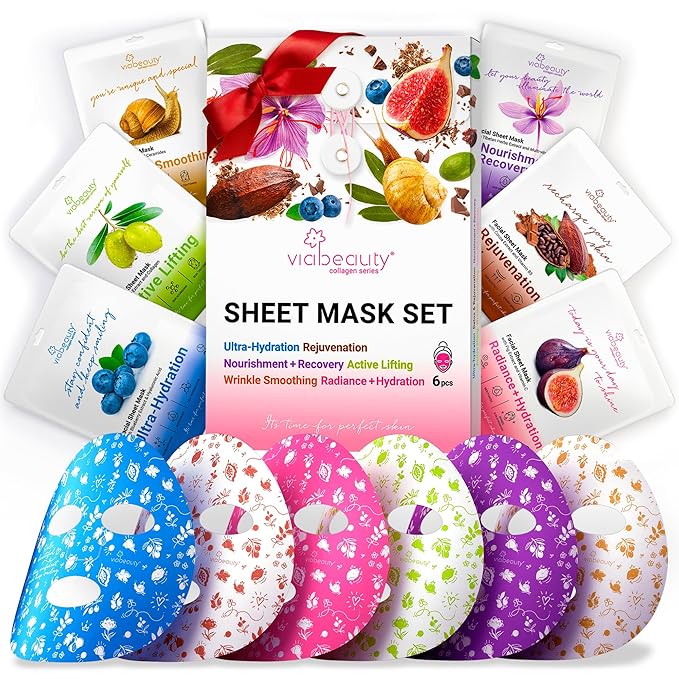 6 Pack of Sheet Face Masks Skincare - Collagen Face Mask Sheets with Hyaluronic Acid, Vitamin C, Snail Mucin - Facial Sheet Mask for Hydrating, Moisturizing, Rejuvenating