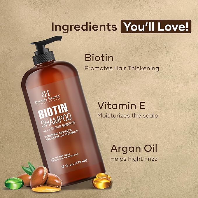 Botanic Hearth Biotin Shampoo with 100% Pure Ginger Oil | Sulfate & Paraben | Free | Enriched with Turmeric Extract, Argan Oil & Vitamin E | for All Hair Types | 16 Fl. Oz