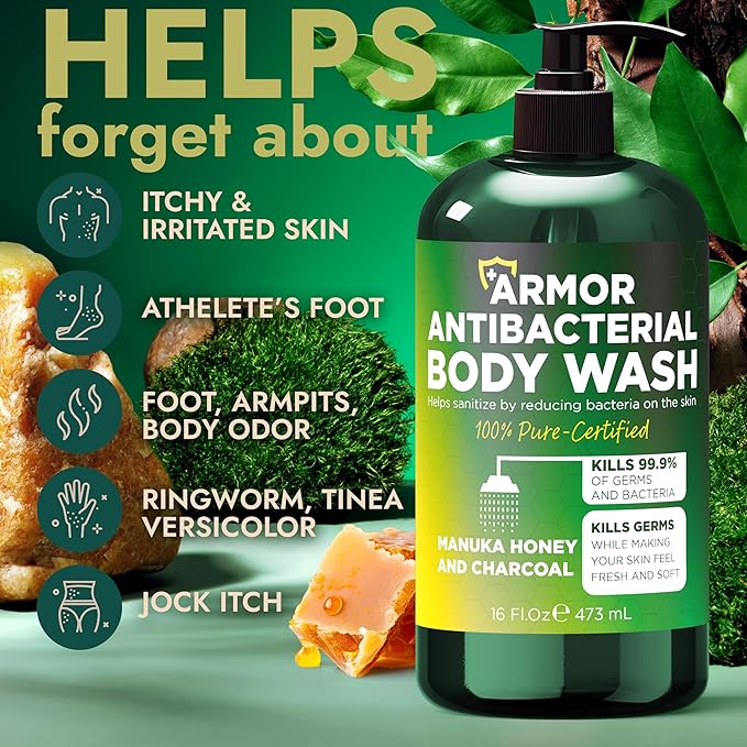 Antibacterial Body Wash | Antifungal Soap for Men & Women | Kills 99.9% of Germs & Bacteria | Helps with Back Acne, Body Odor, Jock Itch & Skin Irritation | Manuka Honey & Charcoal, 16 fl oz