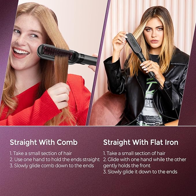 TYMO Flat Iron Hair Straightener Brush 2 in 1, 200M Ions Hair Straighteners for Women, Ceramic Dual Voltage Straightening Hot Comb for Anti-Frizz Straights, Waves, Curls, 3X Less Heat Damage, Black