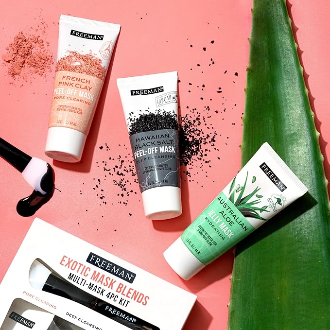 Freeman Exotic Blends Facial Mask 4 Piece Set, Peel-Off & Jelly Masks, Cleansing, Pore-Clearing & Hydrating Facial Masks, For All Skin Types, Includes Silicone Mask Brush, Vegan & Cruelty-Free