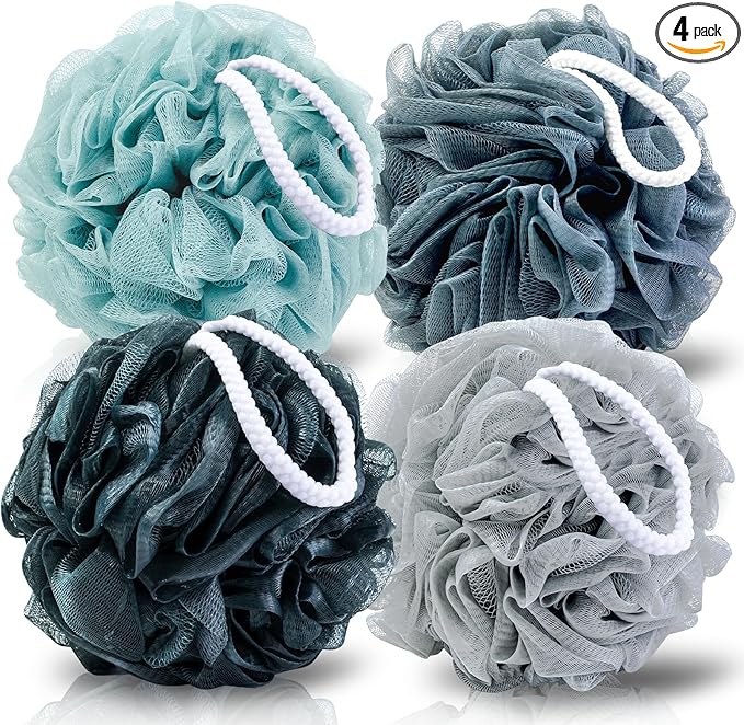 Loofah Sponge XXL-100g 4 Pack, Bath Sponge Soft Mesh Shower Puff Loofah for Men, Exfoliating Body Scrubber for Women, Shower Accessories (Blue Gray)