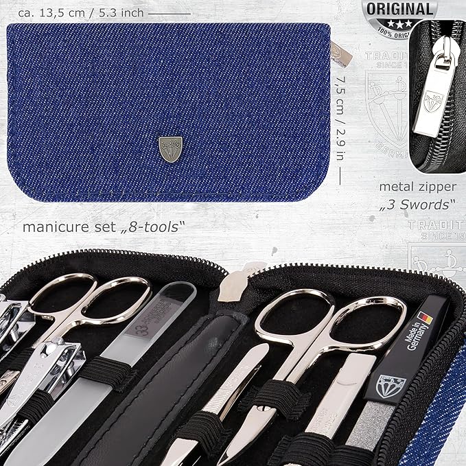 3 Swords Germany - brand quality 8 piece manicure pedicure grooming kit set textil case jeans blue - Made in Germany