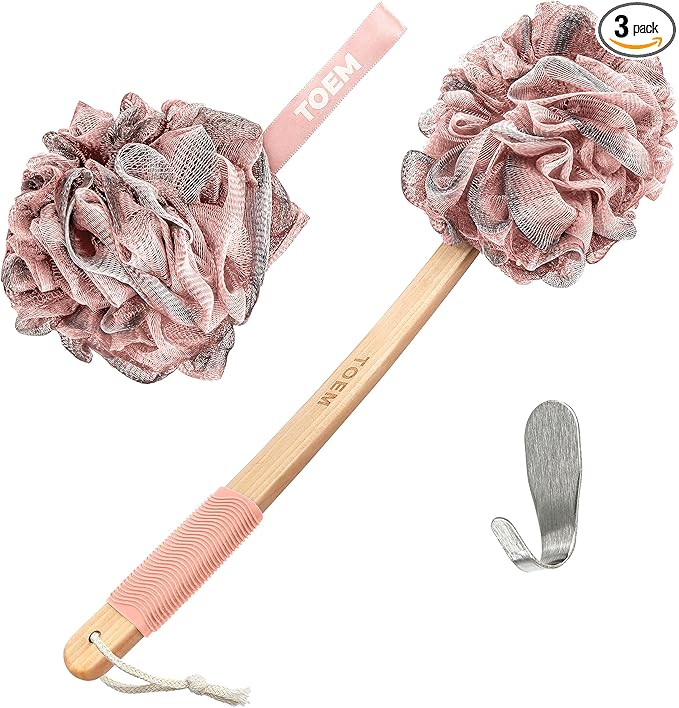 Toem® Loofah Back Scrubber for Shower | Bamboo Charcoal Fiber Infused | Loufas for Men & Women | Includes 1 Long Handled Shower Sponge, 1 Bath & Shower Luffa Pouf & 1 Hook to Hang Stuff (Rose Pink)