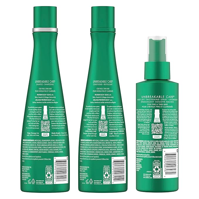 Nexxus Unbreakable Care Shampoo, Conditioner, and Leave-In Spray 3 Pack For Fine and Thin Hair with Keratin, Collagen, Biotin