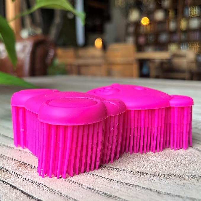 Premium Sensory Brush for Kids or Autism,Soft Silicone Body Scrubber,2 in 1 Sensory Room Occupational Therapy Sensory Brushes,Silicone Loofah,Pet Shower Brush Bath Brush Shampoo Brush(Bear-deep Pink)