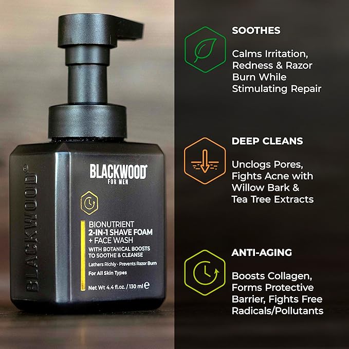 Blackwood For Men BioNutrient 2-in-1 Shave Foam + Face Wash, Natural Rich Shaving Foam & Facial Cleanser Hybrid, Soothes Irritation, Prevents Razor Burn, Fights Acne, Sulfate-Free True Clean Shave 4oz