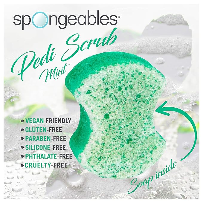 Spongables Pedi Scrub Foot Exfoliating 20+ Wash Sponge, Peppermint and Tea Tree, 3 Count