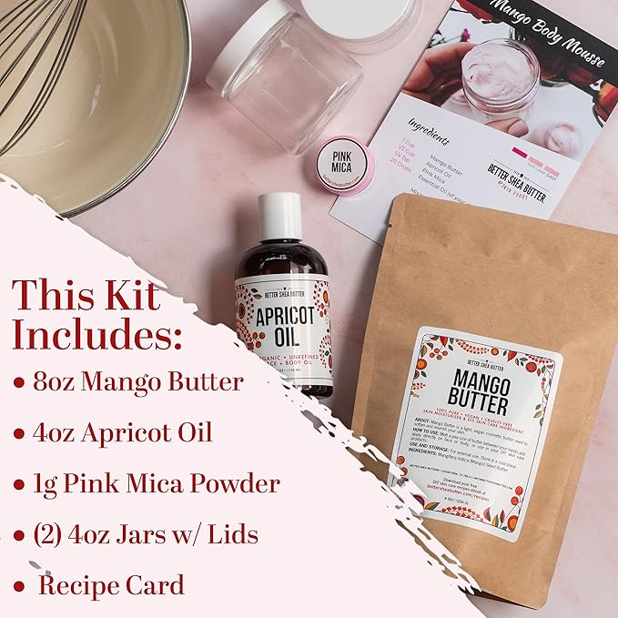 Better Shea Butter Body Butter Making Kit - Includes Raw Mango Butter, Raw Apricot Oil, Pink Mica, 2 jars and Recipes Card with Link to Video Tutorial - Natural Whipped Mango Body Lotion Making Kit