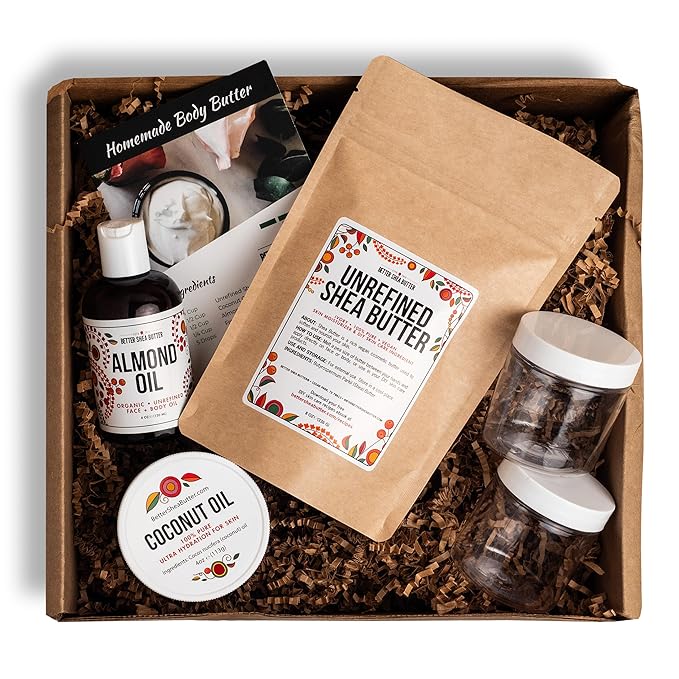 Shea Butter Body Butter Making Kit - DIY Kits for Adults (Raw Shea Butter, Almond Oil, Coconut Oil, 2 Jars) & Recipe Card with Link to Video Tutorial - Natural Whipped Body Lotion Making Kit