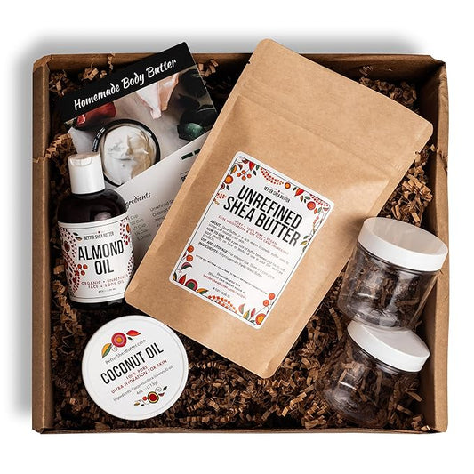 Shea Butter Body Butter Making Kit - DIY Kits for Adults (Raw Shea Butter, Almond Oil, Coconut Oil, 2 Jars) & Recipe Card with Link to Video Tutorial - Natural Whipped Body Lotion Making Kit