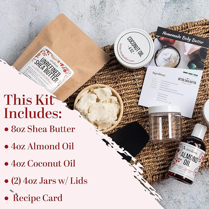 Shea Butter Body Butter Making Kit - DIY Kits for Adults (Raw Shea Butter, Almond Oil, Coconut Oil, 2 Jars) & Recipe Card with Link to Video Tutorial - Natural Whipped Body Lotion Making Kit