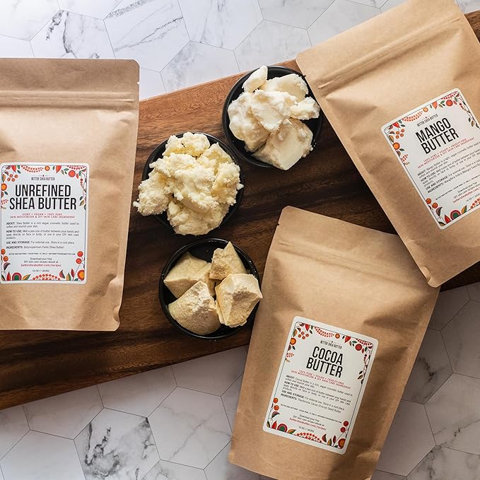 Better Shea Butter Set of Raw Shea Butter, Raw Mango Butter, Unrefined Cocoa Butter For Soap Making and DIY Body Butters, Lip Balms, Body Lotions - Each Butter is 16 oz Making 48 oz Total (3-Pack Set)