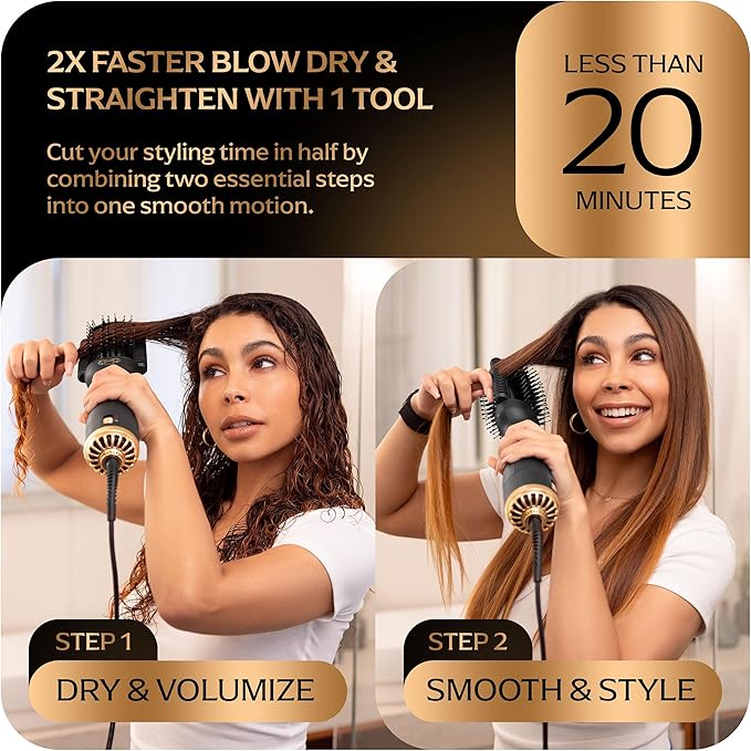 Blowout Brush Hair Dryer, 4-in-1 Blow Drying Brush, Authomatic Dual Voltage, Ionic Hair Straightener w/No Heat Damage, Light 1.3 lb Blowout Tool, Blow Dryer Curling Wand, Hot Air Styler for All Types