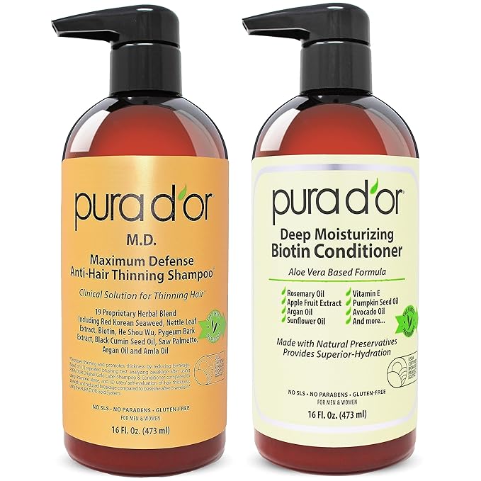 PURA D'OR MD Anti-Thinning Biotin Shampoo & Conditioner Set (16oz x2) Maximum Defense Coal-Tar Strong Scented Hebal Blend Hair Thickening Products For Women & Men, Daily Shampoo For Scalp Health