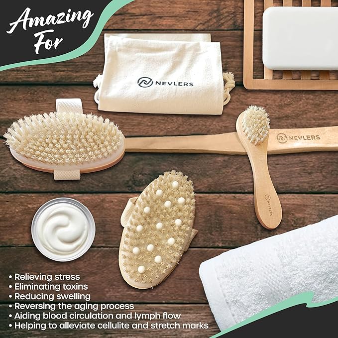 Nevlers Natural Boar Bristle Dry Brushing Set | 4-Piece Body Brush Kit for Exfoliating, Lymphatic Drainage & Circulation | Body Brush, Face Brush, Long-Handled Back Brush + Storage Bag
