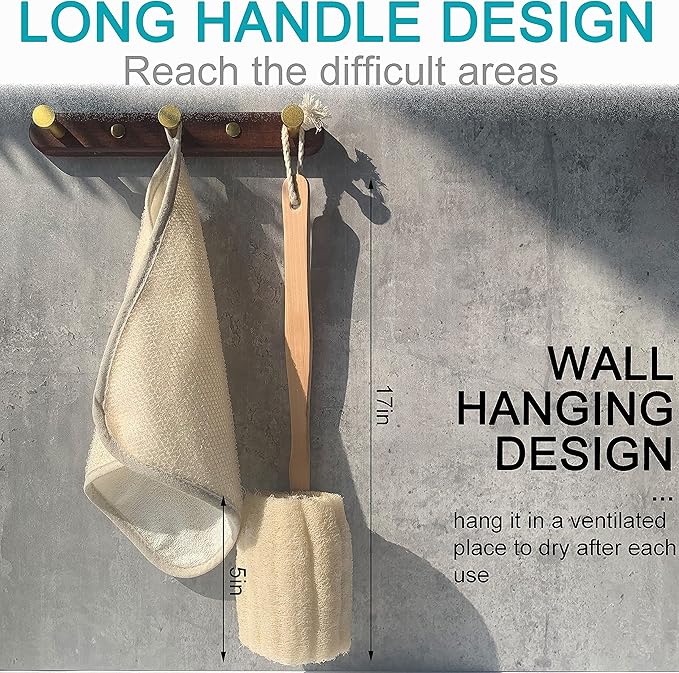 2 Pack Natural Exfoliating Loofah luffa loofa Bath Brush On a Stick - with Long Wooden Handle Back Brush for Men & Women - Shower Sponge Body Back Scrubber